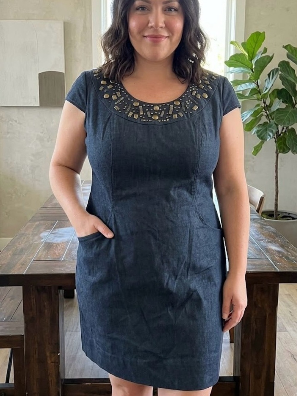 Dressbarn Plus Size 22 Navy Blue Embellished Beaded Neckline Shift Dress Pockets